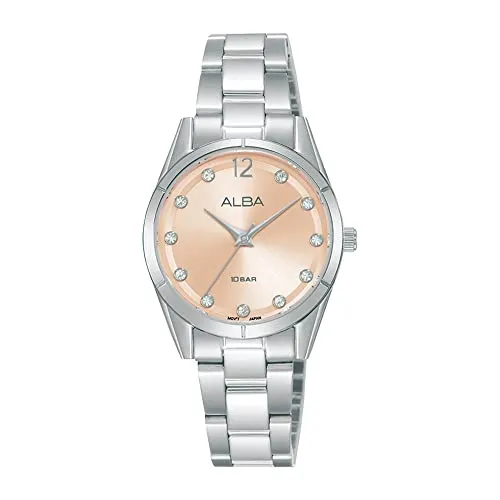 Alba Stainless Steel Women Ah8745X1 Peach Dial Ladies Analogue Watch With Crystals, Silver Band