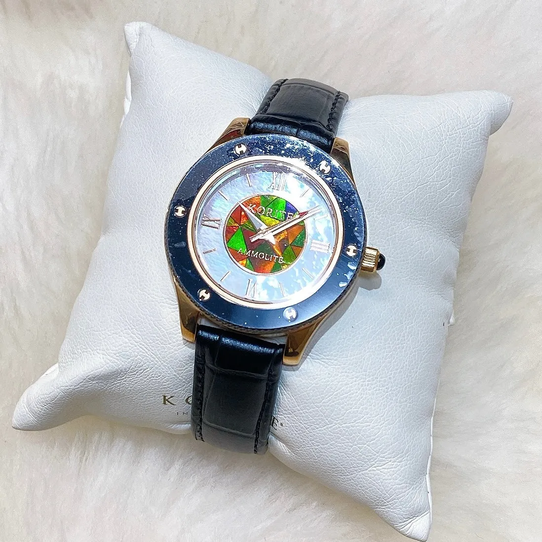 Ammolite Watch- Small-Mosaic Ammolite white Mother of Pearl 36mm Round Watch-Black Leather Strap (Korite)