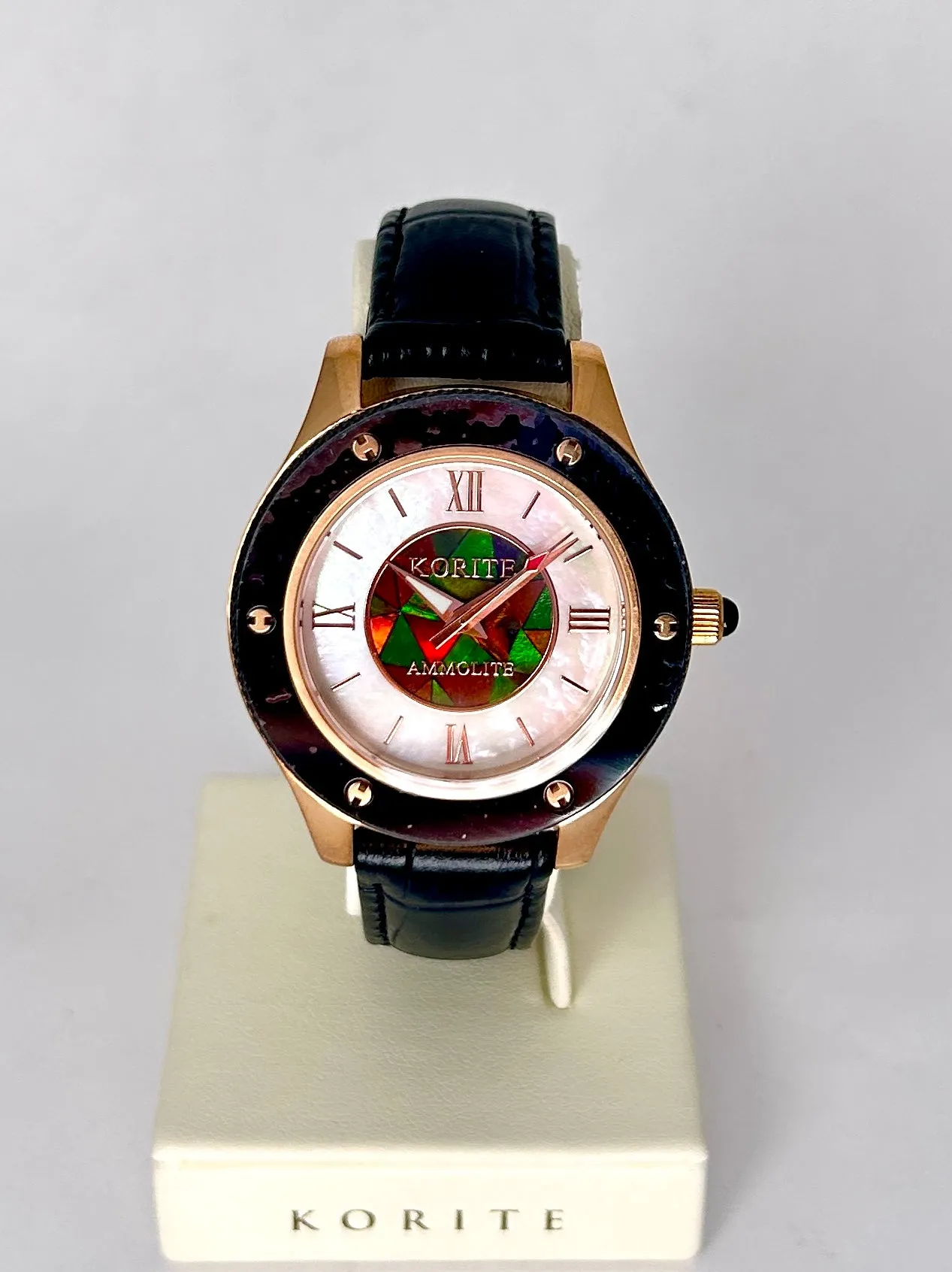 Ammolite Watch- Small-Mosaic Ammolite white Mother of Pearl 36mm Round Watch-Black Leather Strap (Korite)