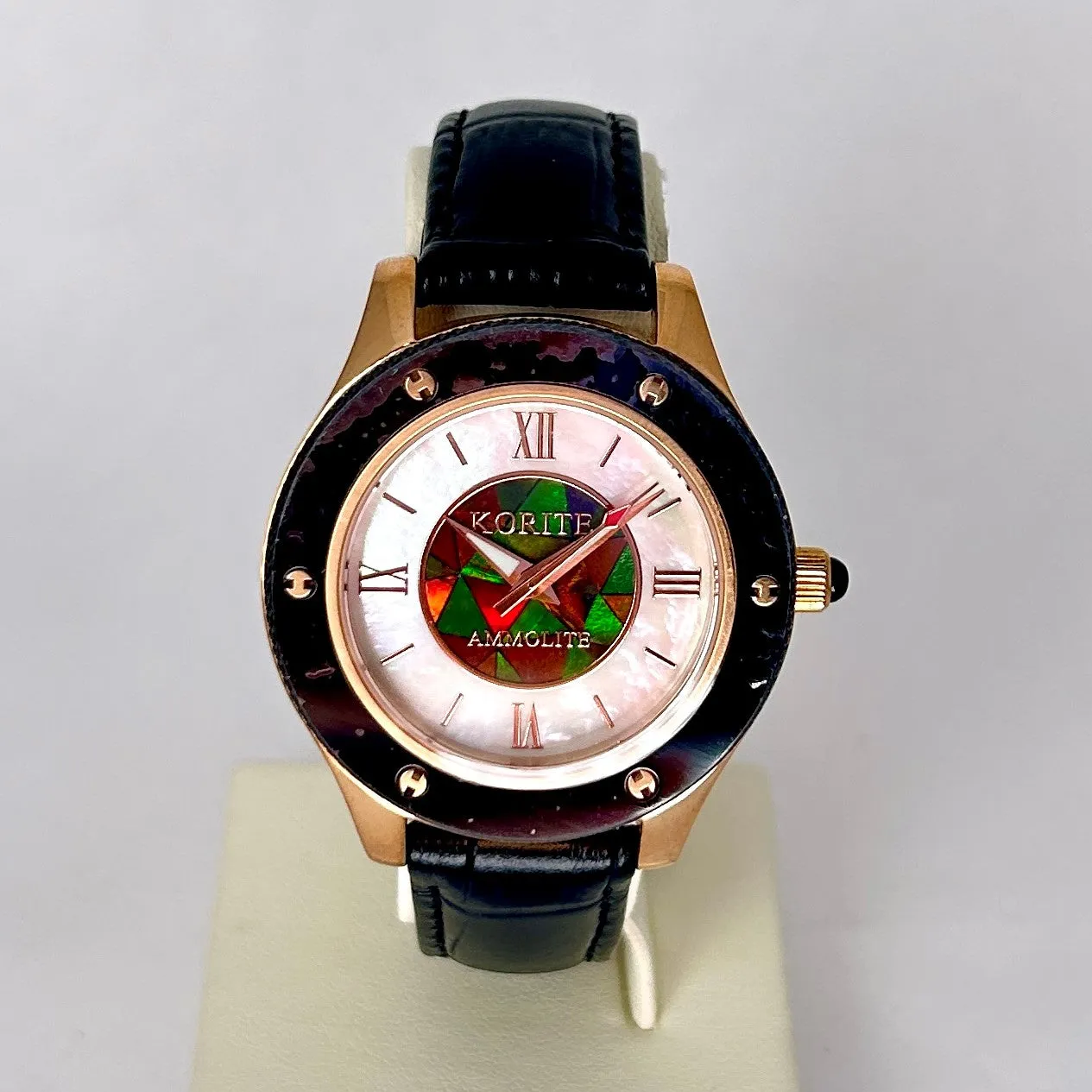 Ammolite Watch- Small-Mosaic Ammolite white Mother of Pearl 36mm Round Watch-Black Leather Strap (Korite)