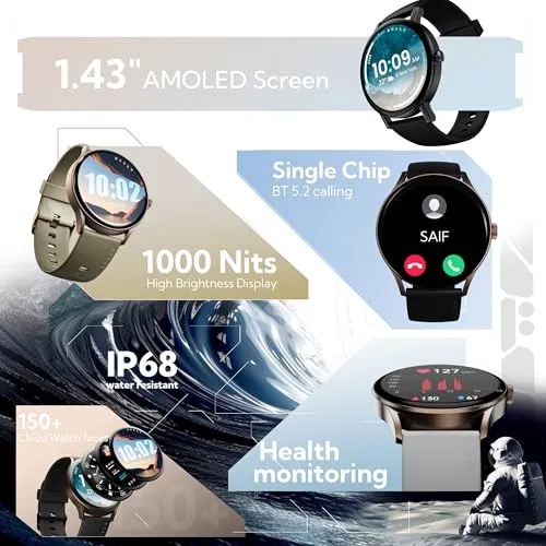 Boult Newly Launched Rover Pro Smart Watch 1.43'' AMOLED, Bluetooth Calling, IP68, Zinc Alloy Frame, 1000 Nits Brightness, AI Voice Assistant, SpO2 Monitoring, 120  Sports Mode Smartwatch (Ash Black)