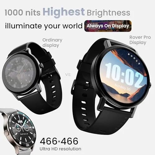 Boult Newly Launched Rover Pro Smart Watch 1.43'' AMOLED, Bluetooth Calling, IP68, Zinc Alloy Frame, 1000 Nits Brightness, AI Voice Assistant, SpO2 Monitoring, 120  Sports Mode Smartwatch (Ash Black)