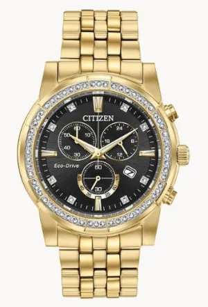 Citizen Eco Drive Crystal Goldtone with Date and Black Dial Watch AT2452-52E