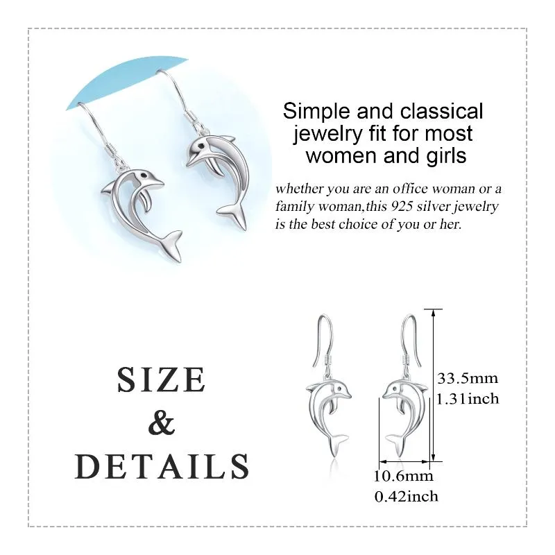 Dolphin Sterling Silver Earrings Hypoallergenic Jewellery for Her Drop Ear Pendent for Women