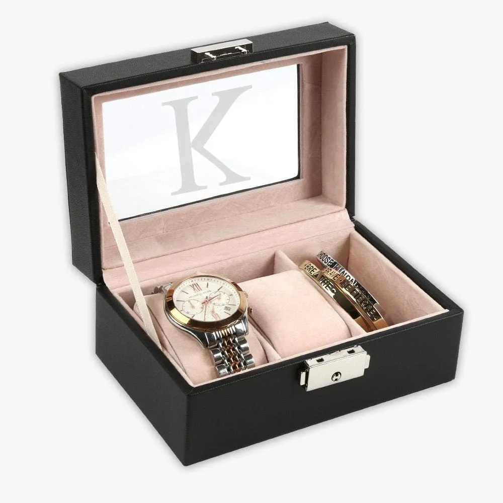 Exclusive Sale | Personalized 3-slot Small Black Leather Watch Case