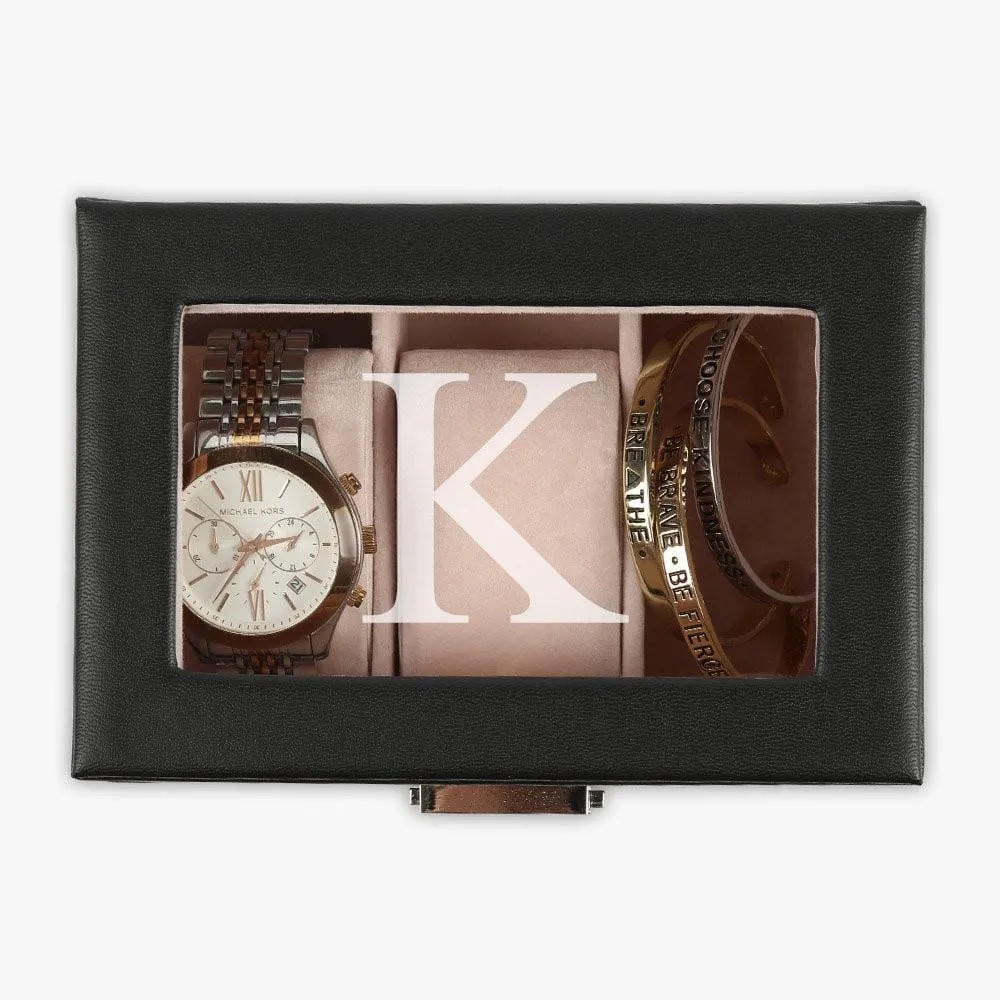 Exclusive Sale | Personalized 3-slot Small Black Leather Watch Case