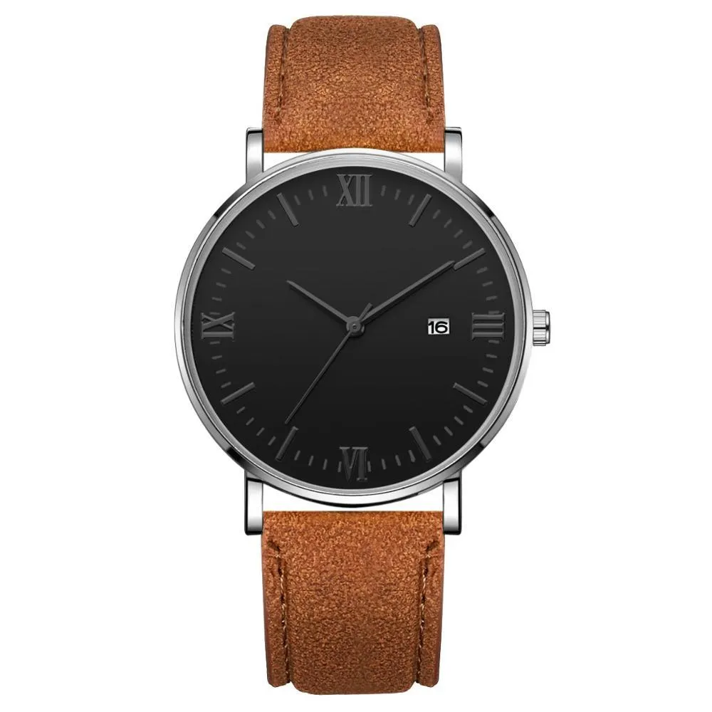 Flavio Classic Elegant Watch with Black Dial and Brown Belt