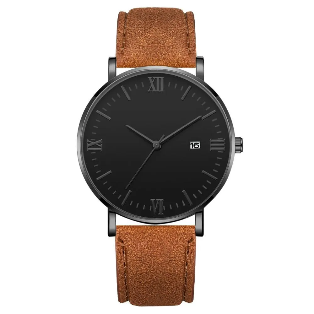 Flavio Classic Elegant Watch with Black Dial and Brown Belt