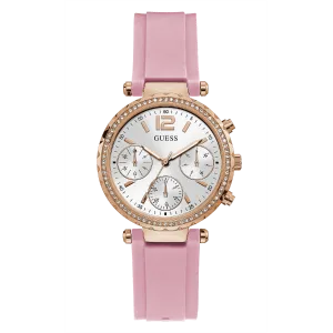 Guess Solstice Pink Silicone Strap Silver Dial Chronograph Quartz Watch for Ladies - GW0113L4