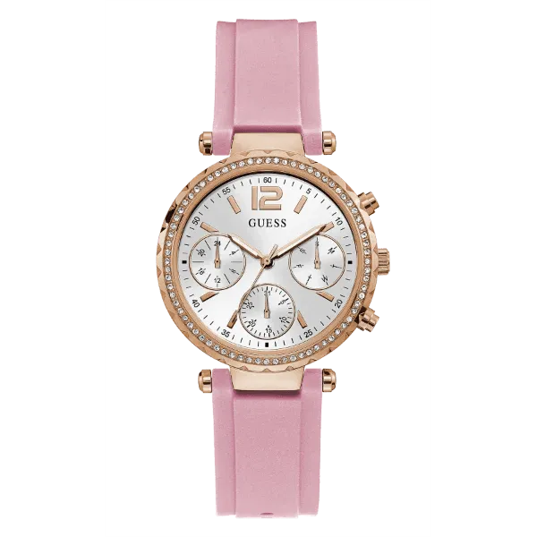 Guess Solstice Pink Silicone Strap Silver Dial Chronograph Quartz Watch for Ladies - GW0113L4