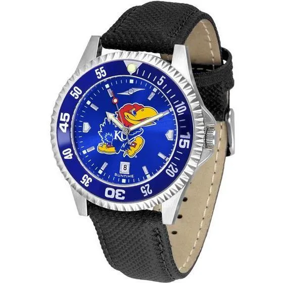 Kansas Jayhawks Mens Competitor Ano Poly/Leather Band Watch w/ Colored Bezel