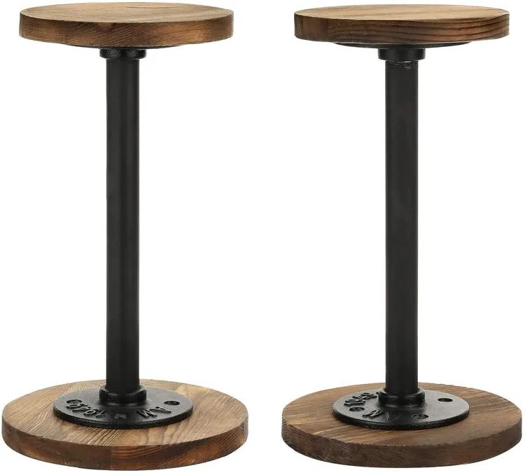 Metal Pipe and Dark Brown Burnt Wood Tabletop Hat Holder Racks, Set of 2