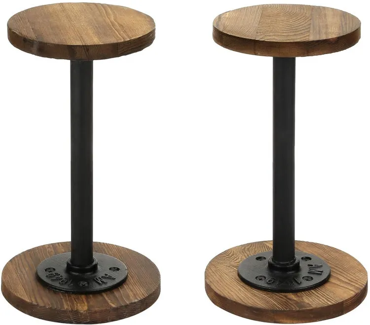 Metal Pipe and Dark Brown Burnt Wood Tabletop Hat Holder Racks, Set of 2