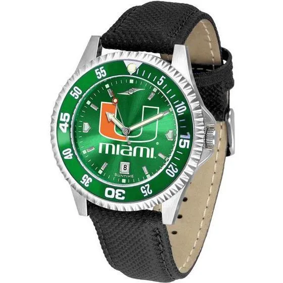 Miami Hurricanes Mens Competitor Ano Poly/Leather Band Watch w/ Colored Bezel