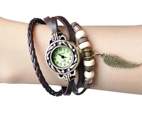 Retro Women Angel Wing Leather Bracelet Watch