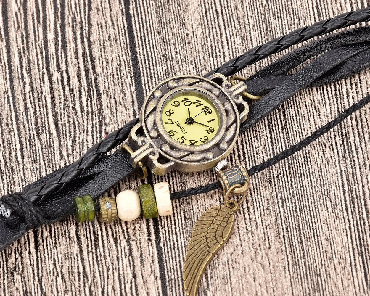 Retro Women Angel Wing Leather Bracelet Watch