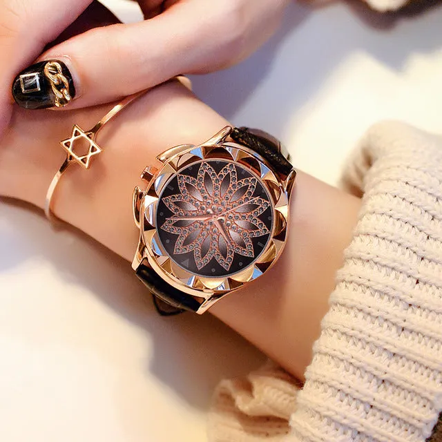 Rose Gold  Fashion Casual Crystal Dress Wristwatch Leather Strap Quartz Watch