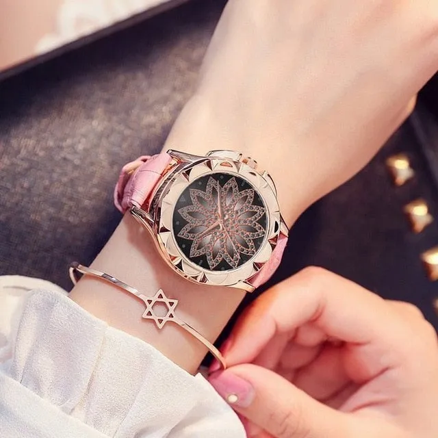 Rose Gold  Fashion Casual Crystal Dress Wristwatch Leather Strap Quartz Watch