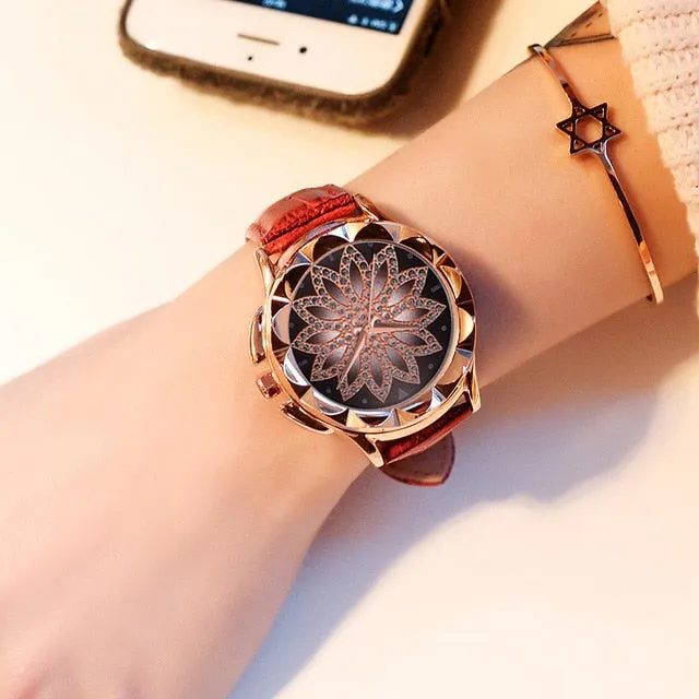 Rose Gold  Fashion Casual Crystal Dress Wristwatch Leather Strap Quartz Watch