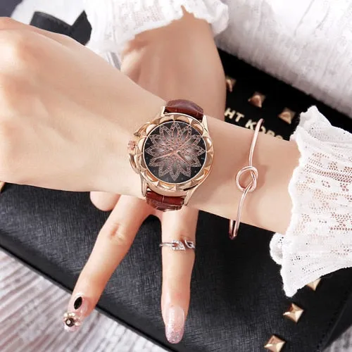 Rose Gold  Fashion Casual Crystal Dress Wristwatch Leather Strap Quartz Watch