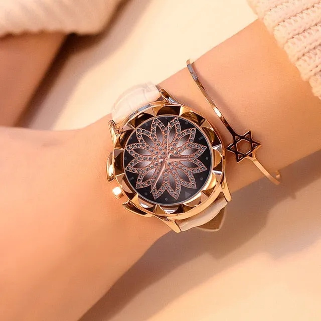 Rose Gold  Fashion Casual Crystal Dress Wristwatch Leather Strap Quartz Watch