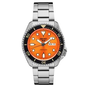 Seiko Mens Automatic 5 Sports Stainless Steel Bracelet Orange Dial Watch - SRPD59