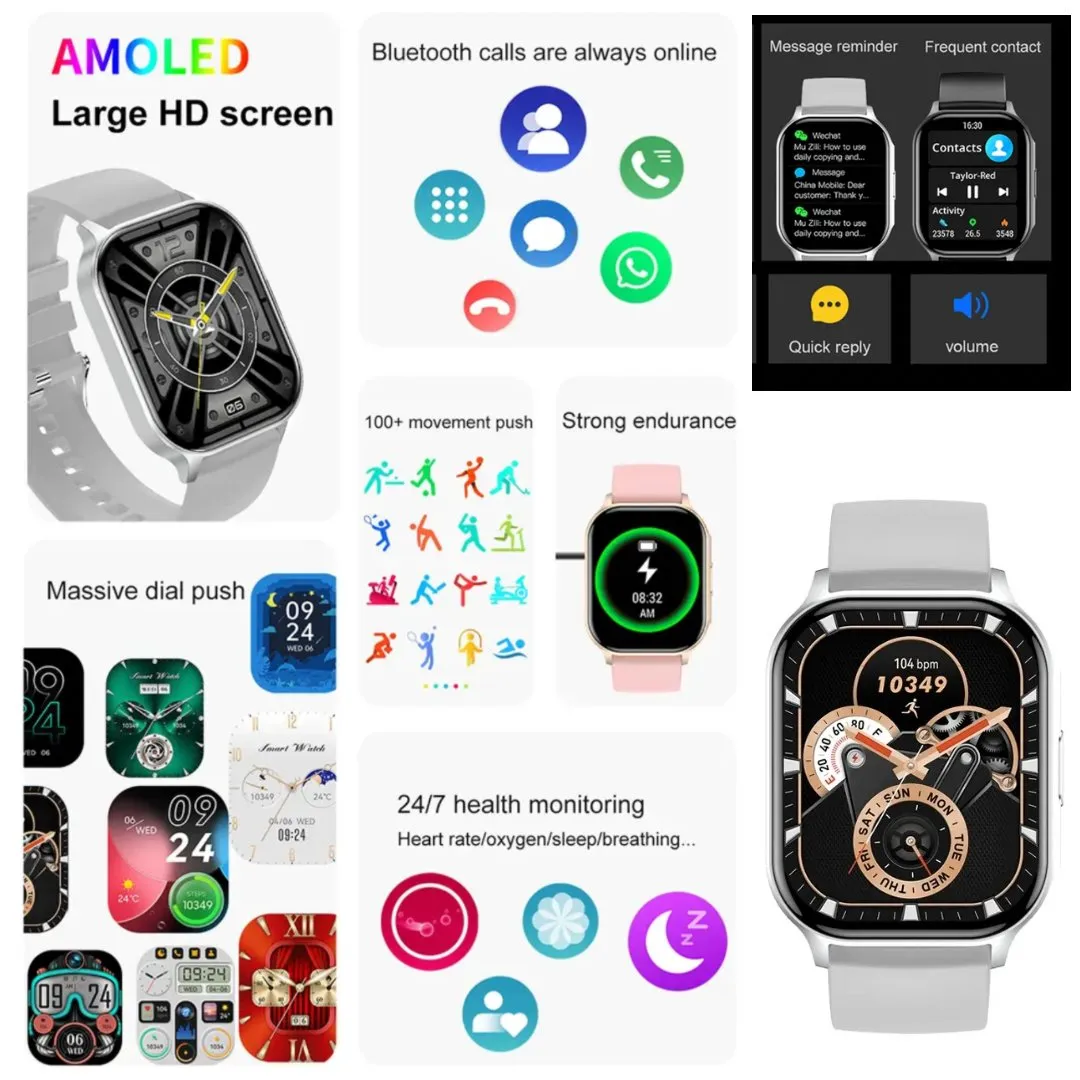 TUTT H6 AMOLED 2.04” Screen Classic Smart Watch | NFC | GPS Exercise SpO2 Stress & Sleep Monitoring | Calorie & Activity Tracker IP67 Men Women Smartwatch Two Straps