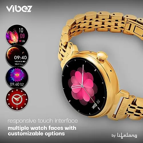 Vibez by Lifelong Ruby 1.04" AMOLED Smartwatch for Women with Metal Strap, Bluetooth Calling, 60 Hz Always on Display, Voice Assistance, Female Cycle Tracker, IP68, Health Monitor(Gold, VBSW2214)