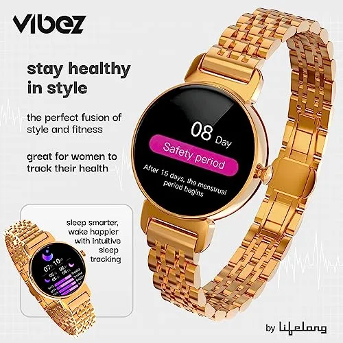 Vibez by Lifelong Ruby 1.04" AMOLED Smartwatch for Women with Metal Strap, Bluetooth Calling, 60 Hz Always on Display, Voice Assistance, Female Cycle Tracker, IP68, Health Monitor(Gold, VBSW2214)