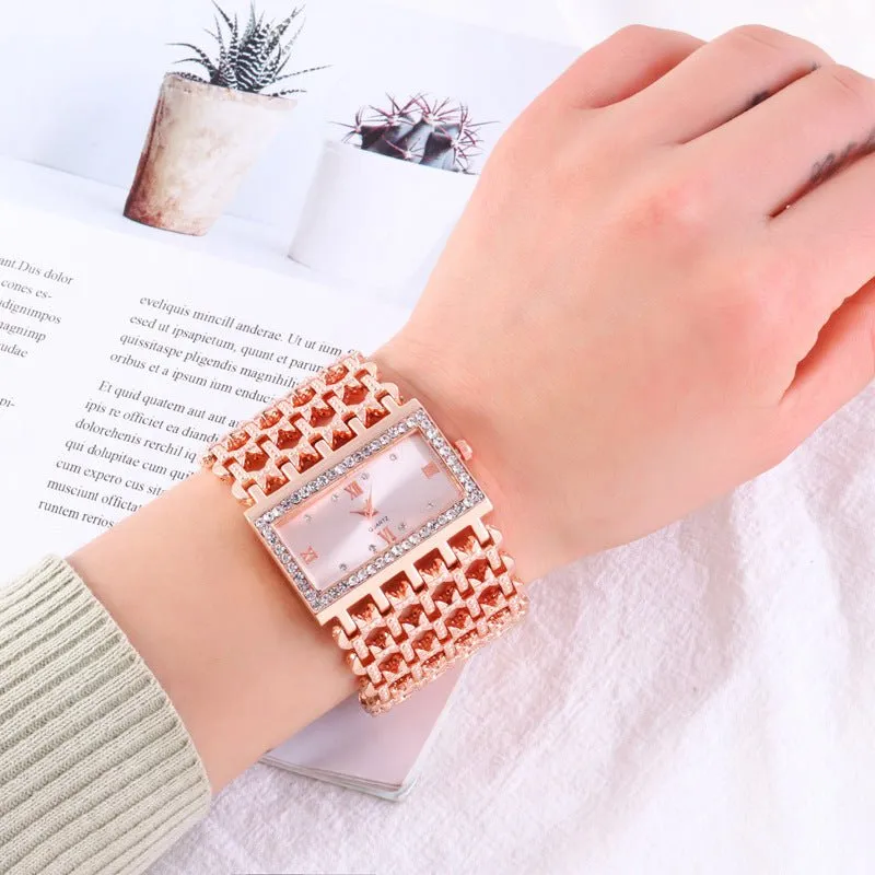 Women's Steel Band Rectangular Shaped Rhinestone Watch