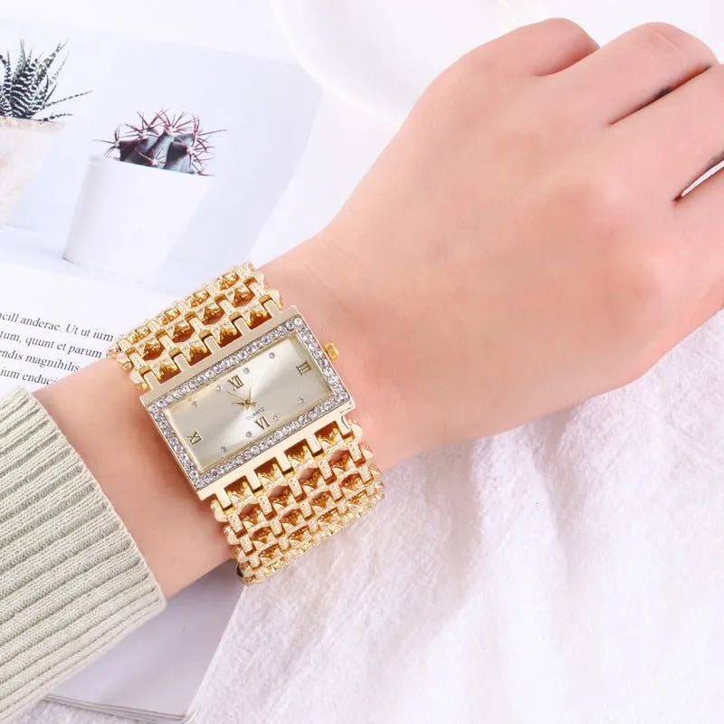 Women's Steel Band Rectangular Shaped Rhinestone Watch